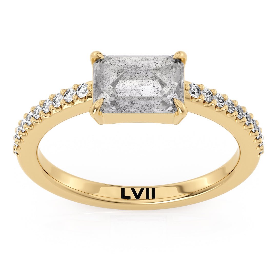 East West Emerald Cut Handcrafted Salt and Pepper Diamond Solitaire - The Dorothy RingEngagement RingLVII Fine Jewelry