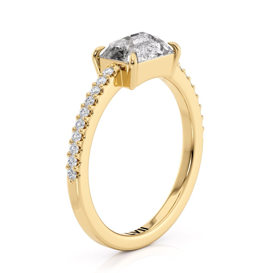East West Emerald Cut Handcrafted Salt and Pepper Diamond Solitaire - The Dorothy RingEngagement RingLVII Fine Jewelry
