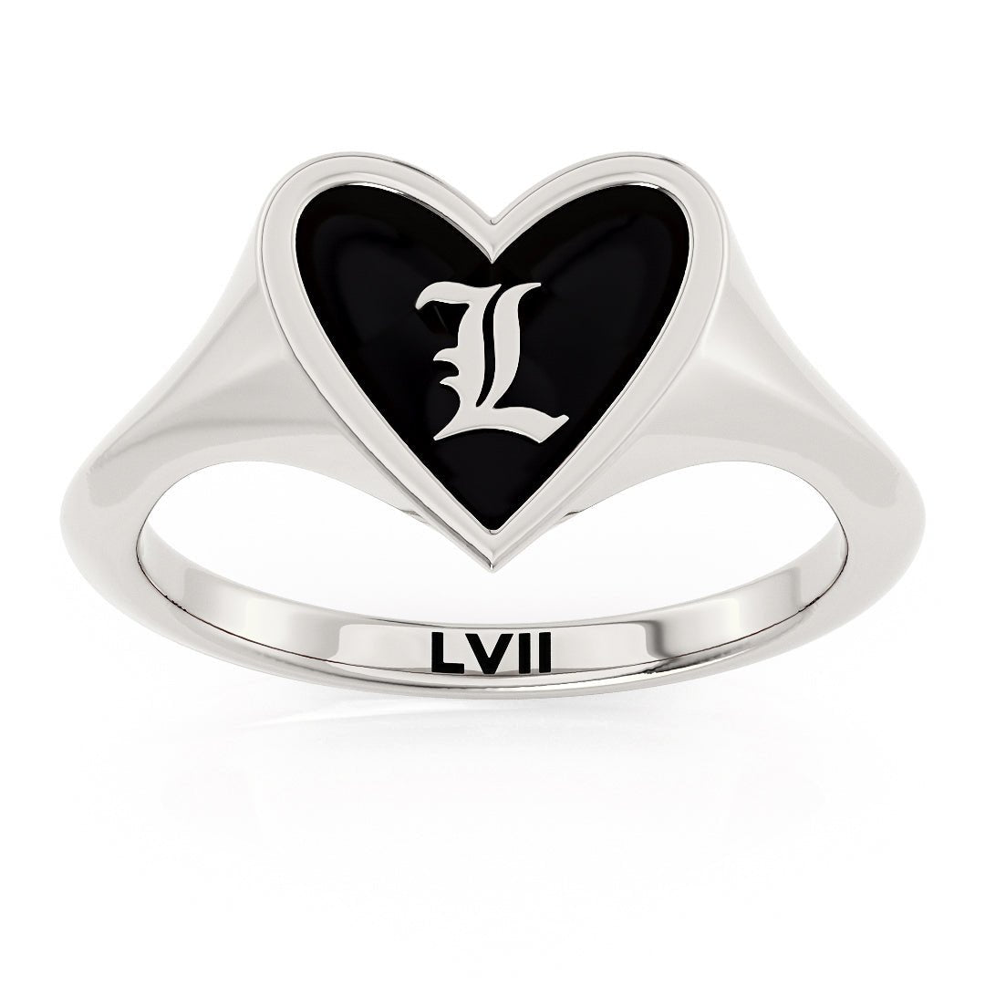 Gold Heart Signet Ring Blak Enamel Not Black Onyx Ring - Personalized Timeless LoveLVII Fine Jewelry
