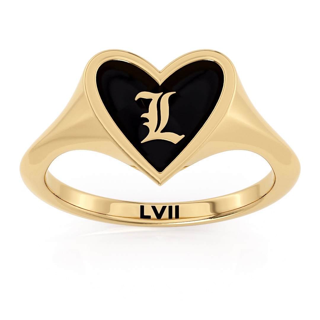 Gold Heart Signet Ring Blak Enamel Not Black Onyx Ring - Personalized Timeless LoveLVII Fine Jewelry