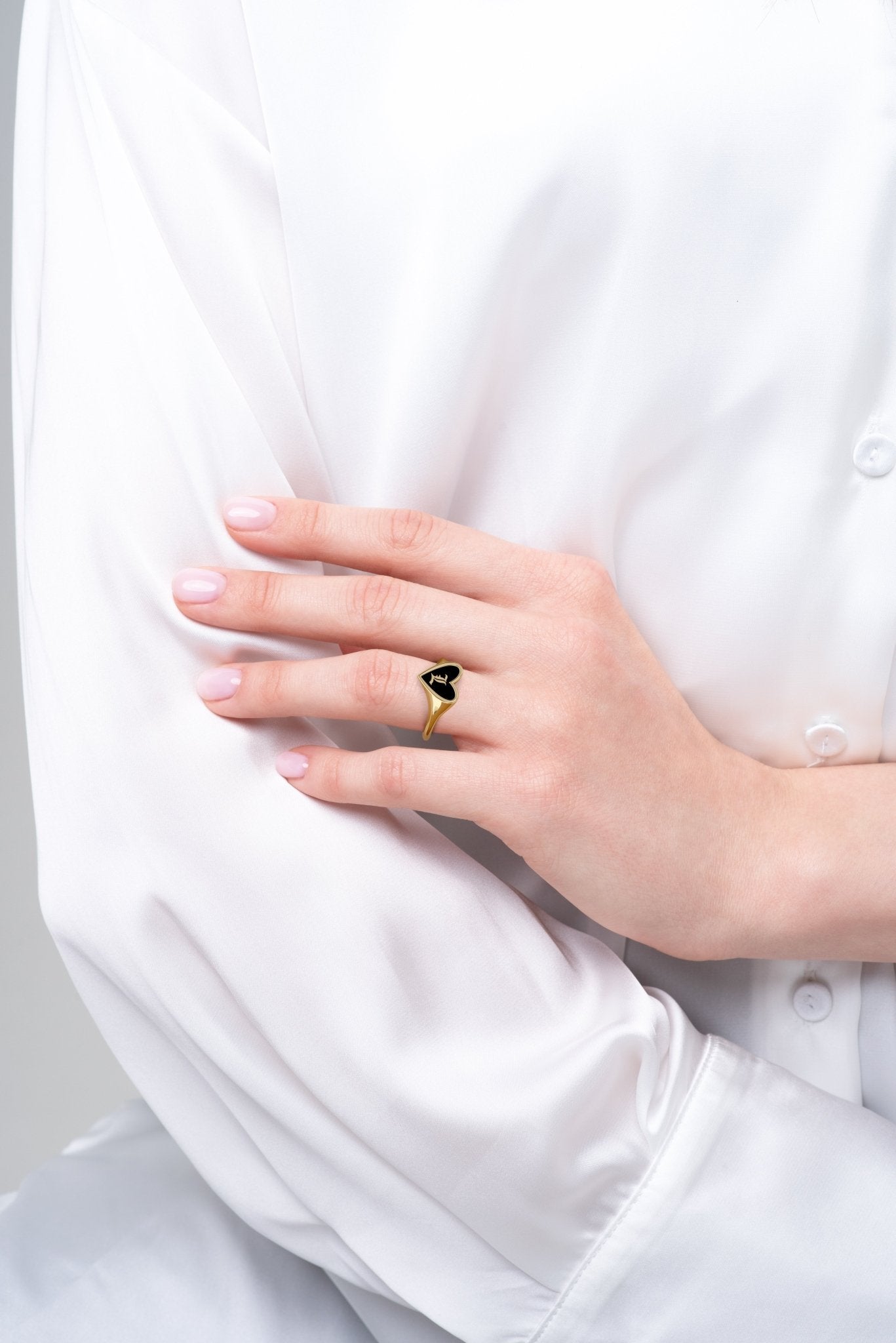 Gold Heart Signet Ring Blak Enamel Not Black Onyx Ring - Personalized Timeless LoveLVII Fine Jewelry