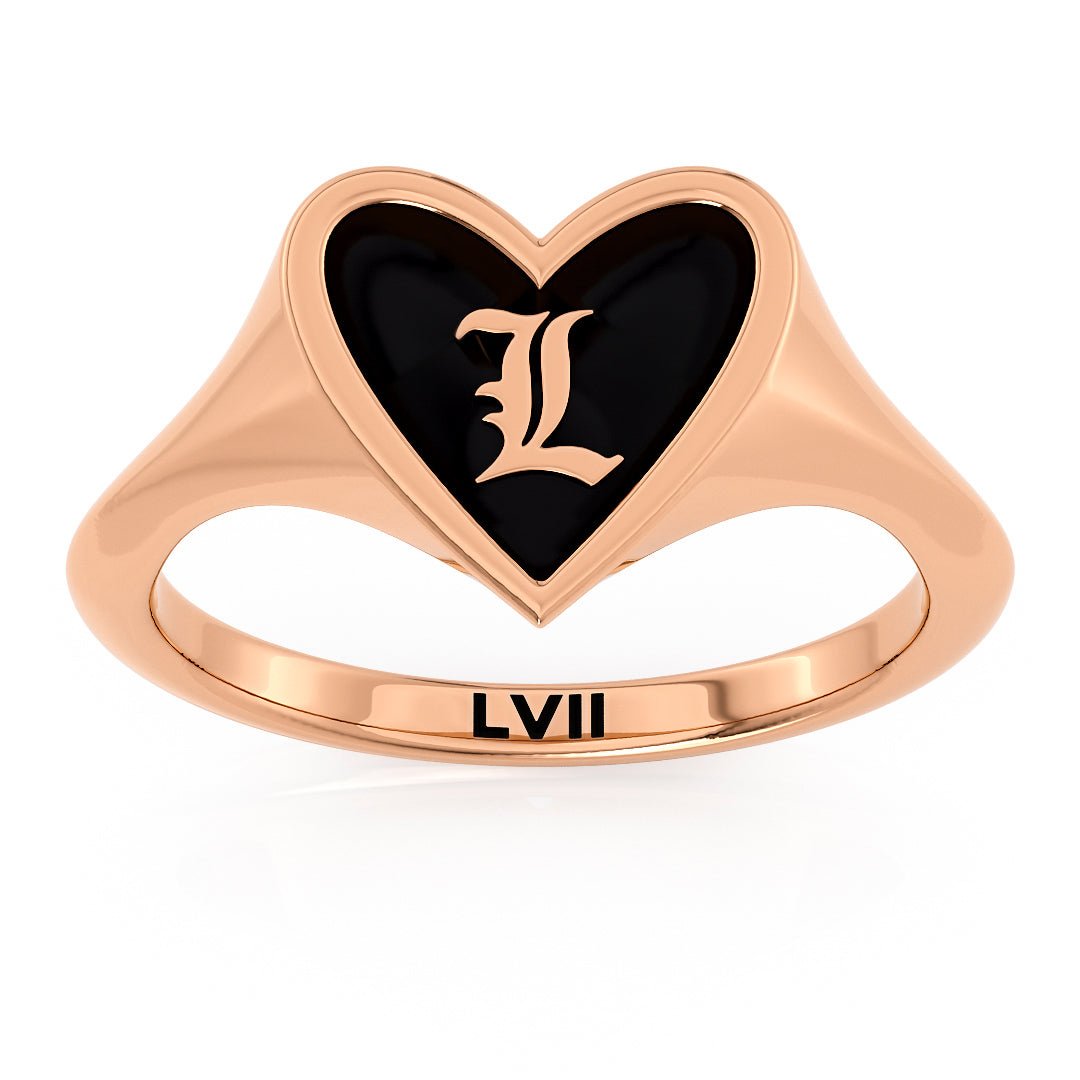 Gold Heart Signet Ring Blak Enamel Not Black Onyx Ring - Personalized Timeless LoveLVII Fine Jewelry