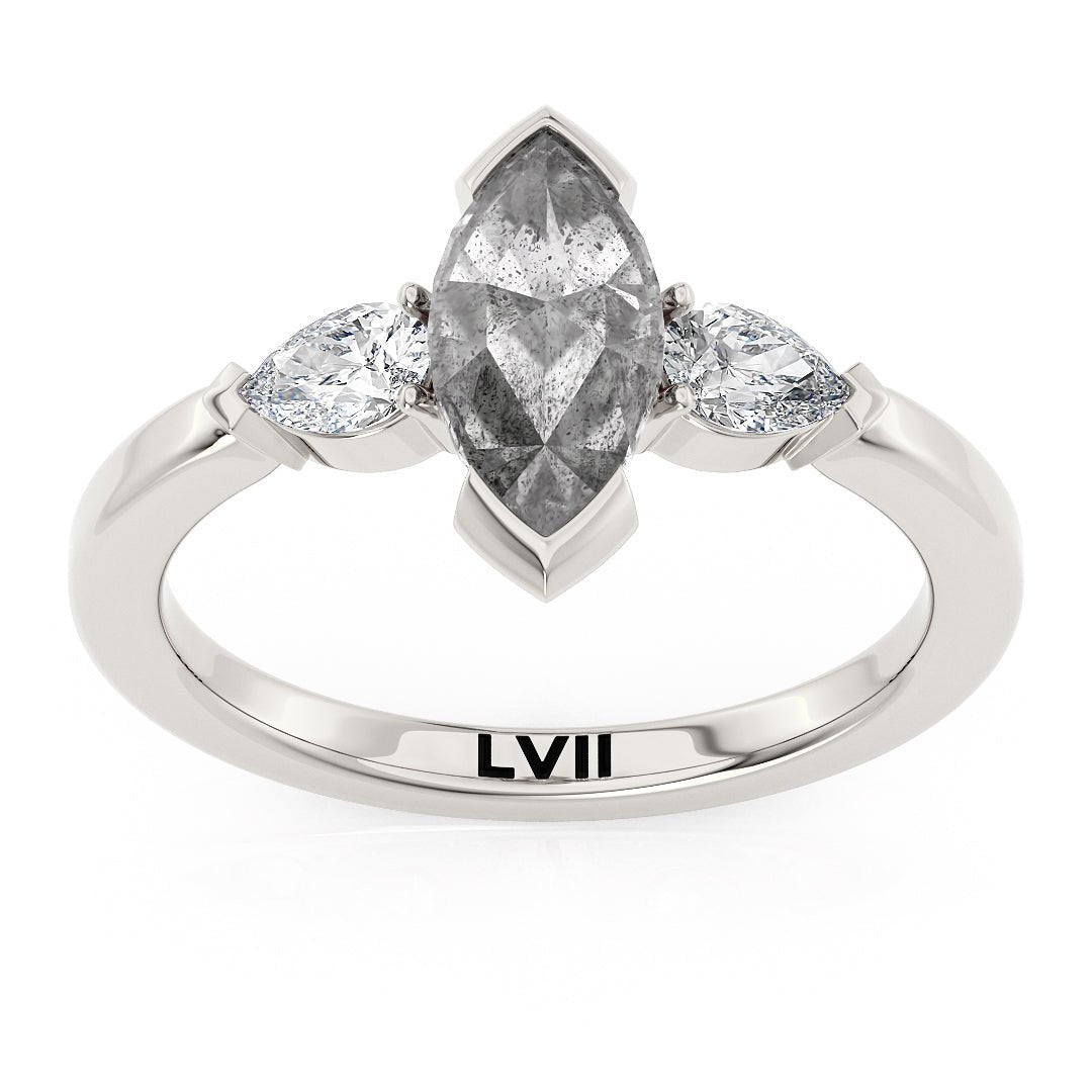 Marquise Shape Salt and Pepper Diamond 3 Stone Ring Engagement Ring - The Olive RingEngagement RingLVII Fine Jewelry