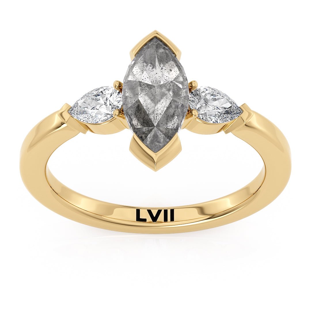 Marquise Shape Salt and Pepper Diamond 3 Stone Ring Engagement Ring - The Olive RingEngagement RingLVII Fine Jewelry