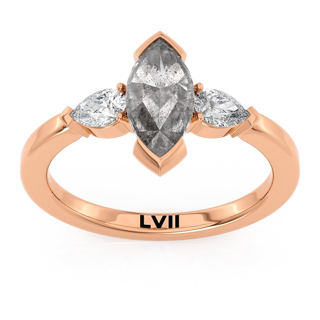 Marquise Shape Salt and Pepper Diamond 3 Stone Ring Engagement Ring - The Olive RingEngagement RingLVII Fine Jewelry