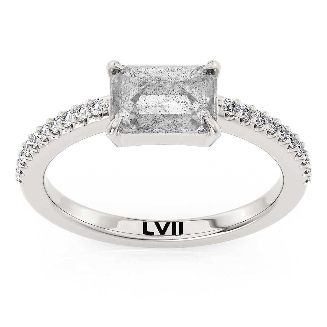 East West Emerald Cut Handcrafted Salt and Pepper Diamond Solitaire - The Dorothy RingEngagement RingLVII Fine Jewelry