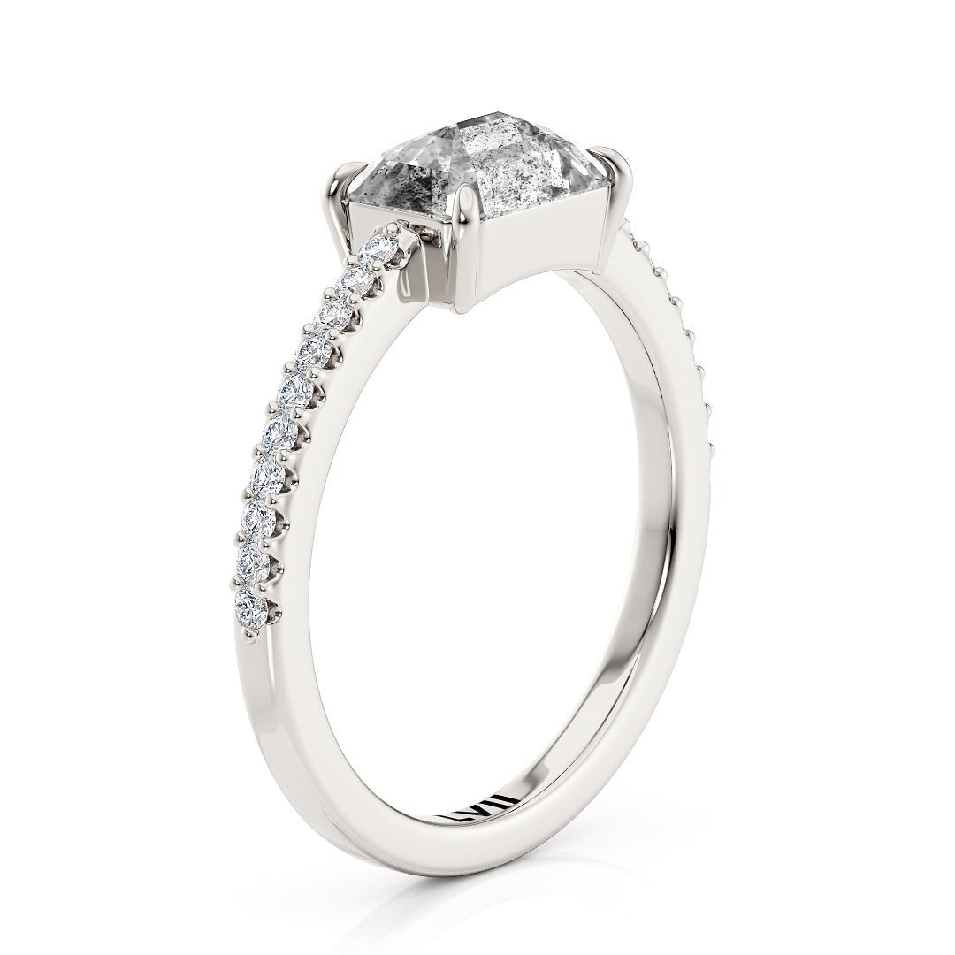 East West Emerald Cut Handcrafted Salt and Pepper Diamond Solitaire - The Dorothy RingEngagement RingLVII Fine Jewelry