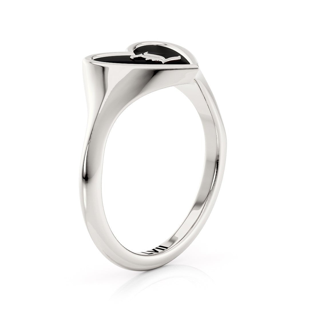 Gold Heart Signet Ring Blak Enamel Not Black Onyx Ring - Personalized Timeless LoveLVII Fine Jewelry